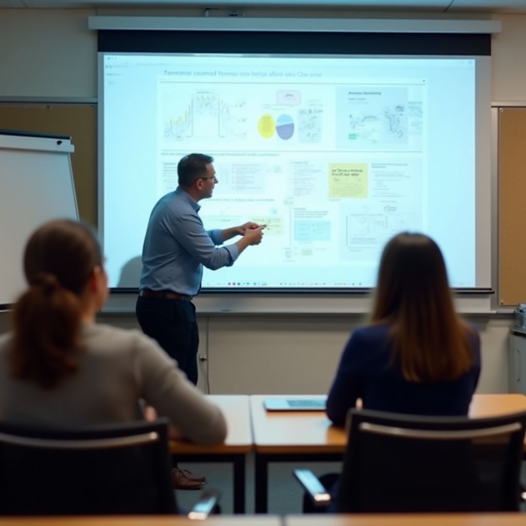 Profesor explicando conceptos financieros en pizarra